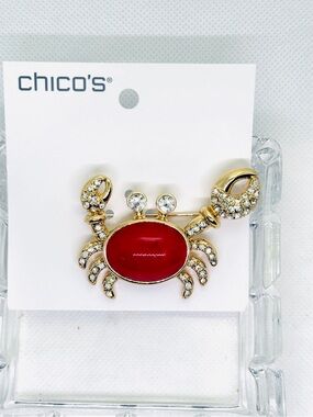 Chico's Brooch Gold-Tone Crab with Red Enamel and Crystal Accents. New.
